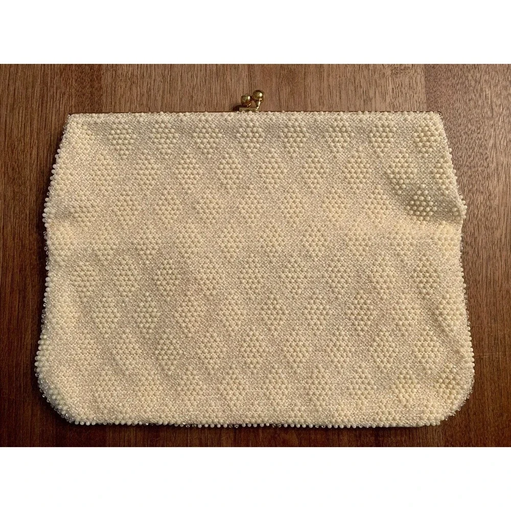 Vintage Cream Beaded Tote with Matching Coin Purse - Gold Hardware